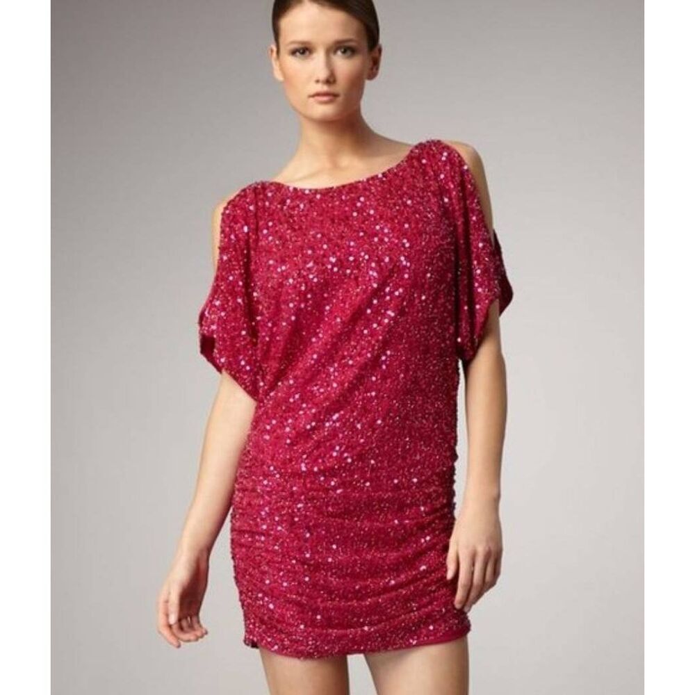 Aiden Mattox strawberry red pink silk beaded cold shoulder mini party dress10